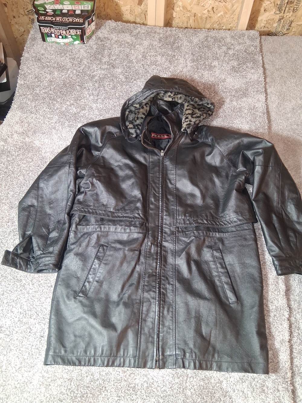 Vintage Phase 2 Black Leather Hooded Jacket Coat L Pockets Removable Vest Liner